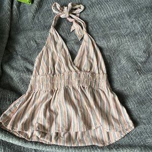 american eagle halter tank top with pink, orange, and gray stripes in a size S